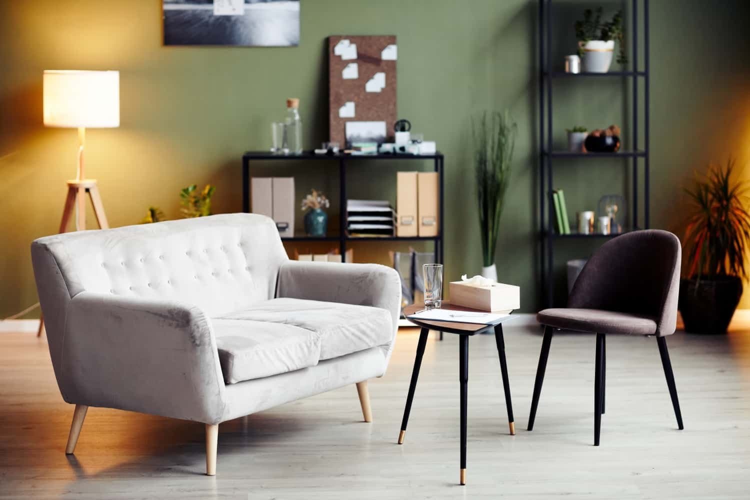 Oficina de terapia con sillón blanco y decoración moderna